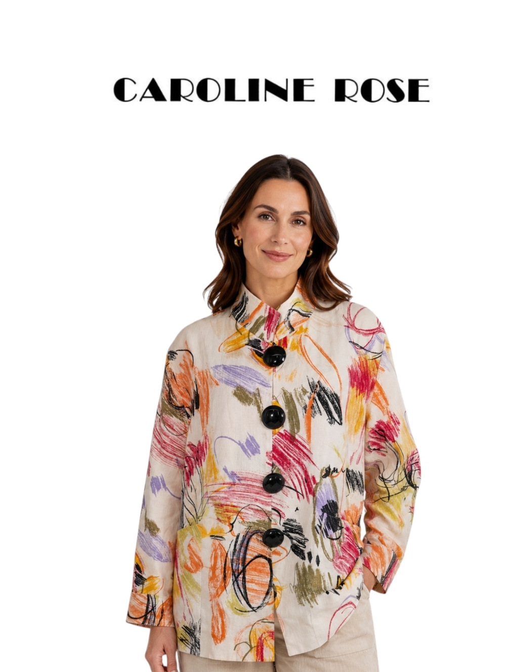 Vintage Caroline Rose Linen Abstract Floral-Inspired Colorful Jacket Size:1X